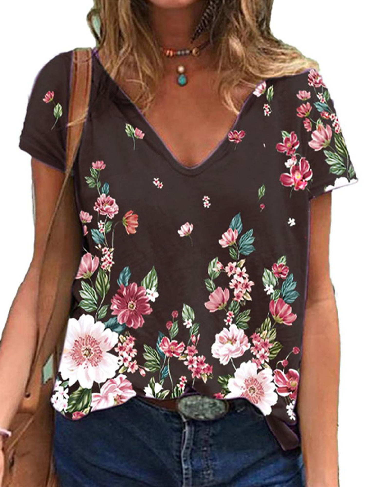 Womens Floral Choker Tops V Neck Ladies Short Sleeves Casual T Shirts Plus Size