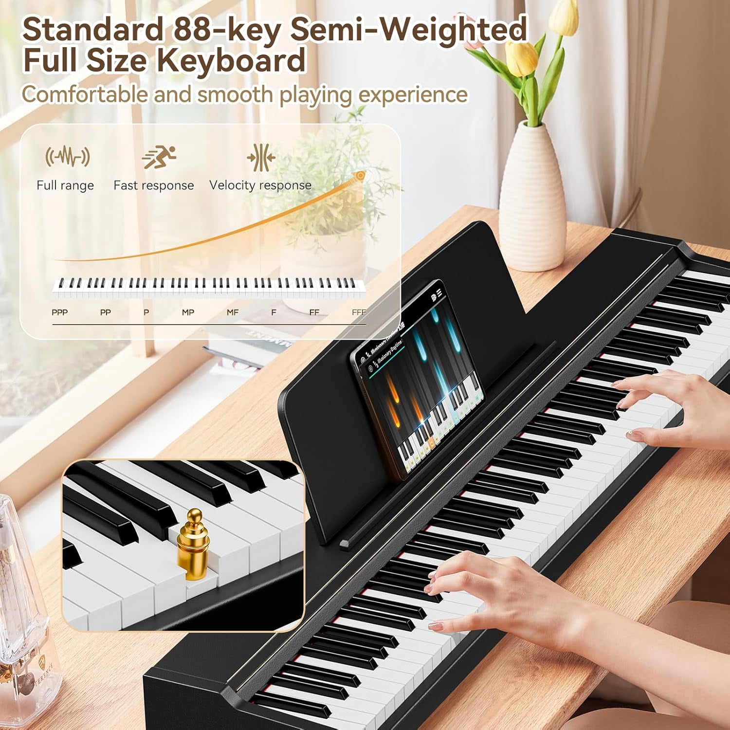 TERENCE Keyboard Piano 88 Key Digital: 88 Key Piano Keyboard Semi-Weighted Full Size Keyboard Digital Premium Sound MIDI Headphone Jack Triple Pedal for Beginners to Professionals