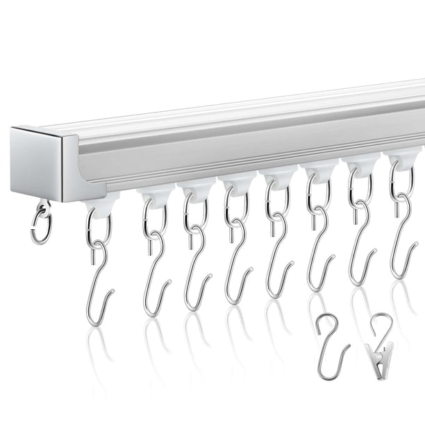 Juego de riel de techo para cortina blanco 14,4 pies a 18 pies montaje en techo longitud ajustable barras para cortinas con clips y ganchos