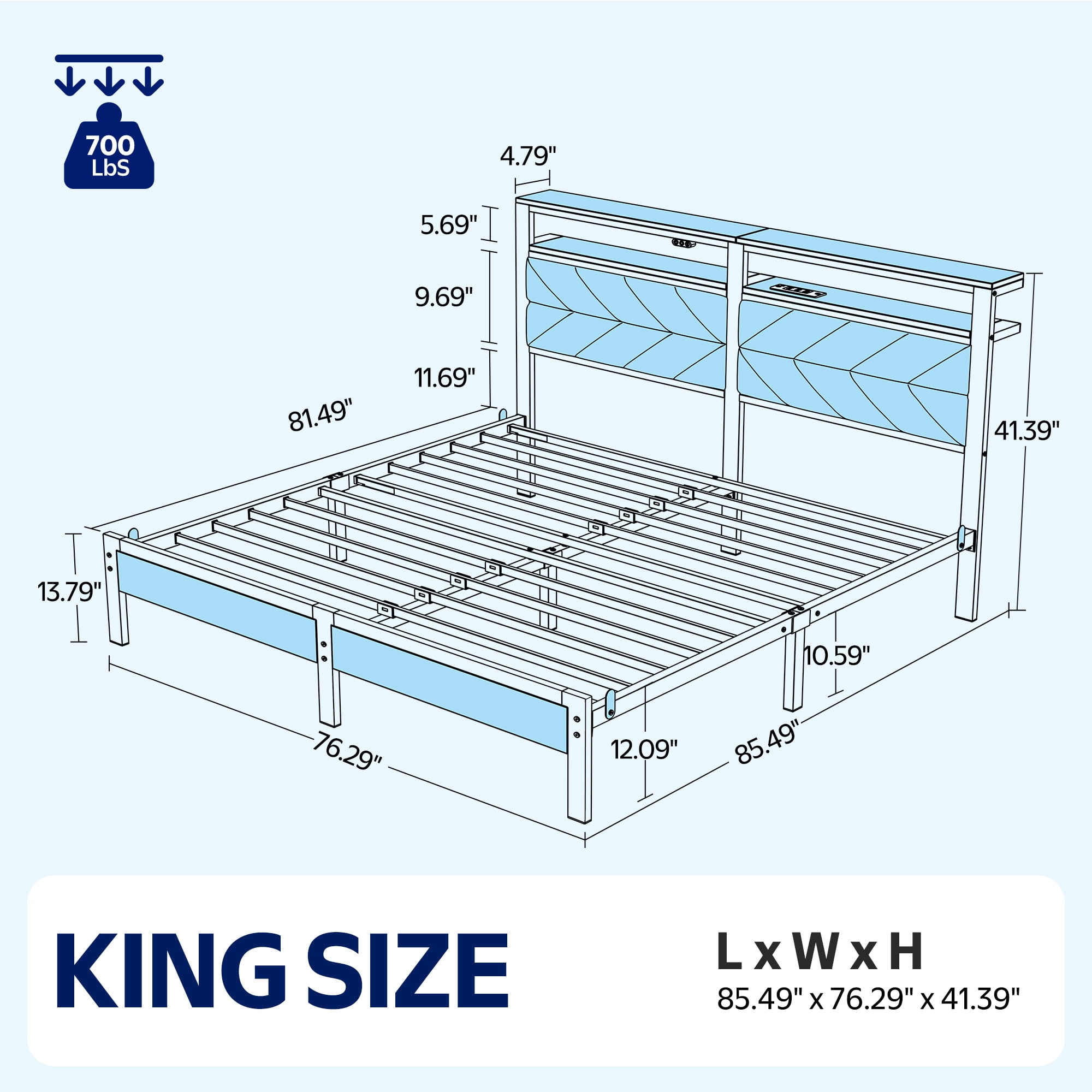 Greenstell King LED Bed Frame with Headboard Storage - Charging Station,Black