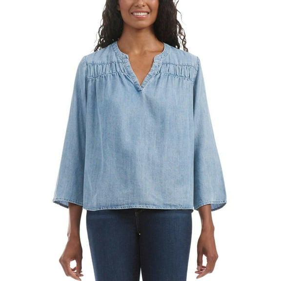 Splendid Women's V-Neck Relaxed Fit Lightweight Denim Blouse Top-Blue / S