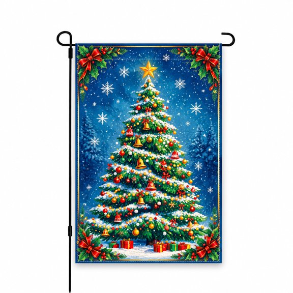 Christmas Tree Garden Flag 12x18 Inch - Holiday Outdoor Decor with Ornaments, Snowflakes, Gifts & Stars - Festive Yard, Lawn, or Porch Accents