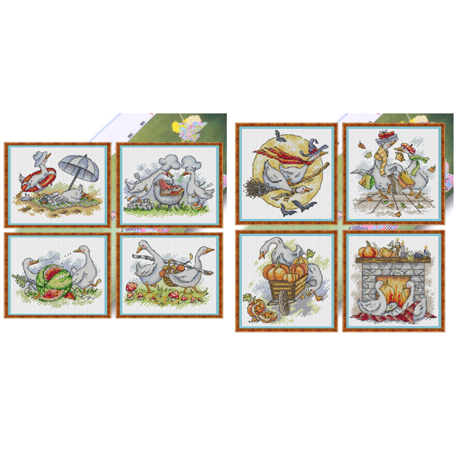 4 Uds. Hilo Algodón Ecológico Bordado Parcial Punto Cruz Con Gansos 14CT 17x15cm