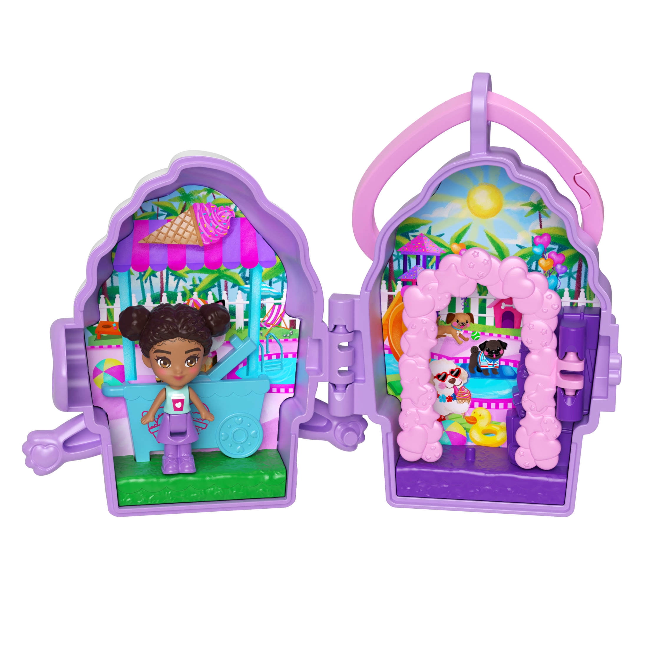 Polly Pocket Doll & Mini Compact Duo, Food-Themed Micro Playsets with 2 Dolls & 2 Keychain Clips