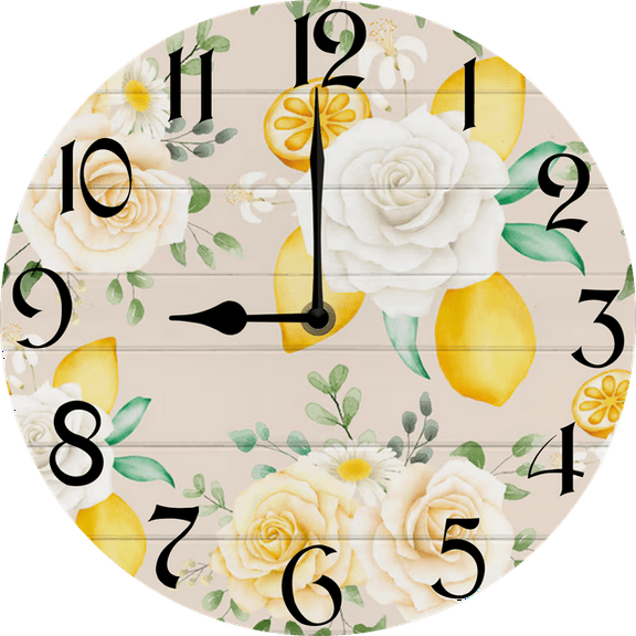 Eveokoki Round Wall Clock Silent Non-Ticking Battery Operated Clock 10 Inch, Floral With Lemons Home Decor for Living Room, Kitchen, Bedroom, and Office