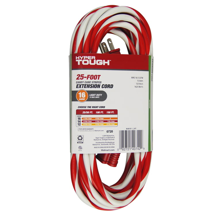 Hyper Tough 1-Outlet 25FT Candy Cane Extension Cord, Red/White