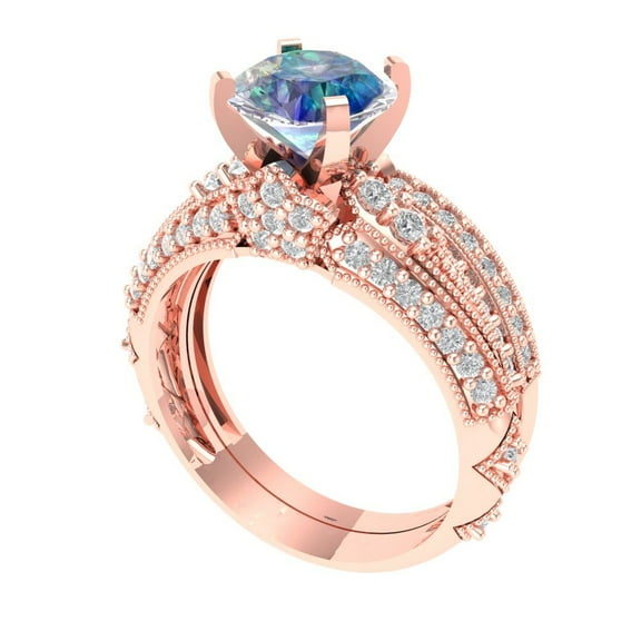 Clara Pucci 18K Rose Gold 2.095 Synthetic Blue Moissanite Engraveable Engagement Ring Wedding Band Set