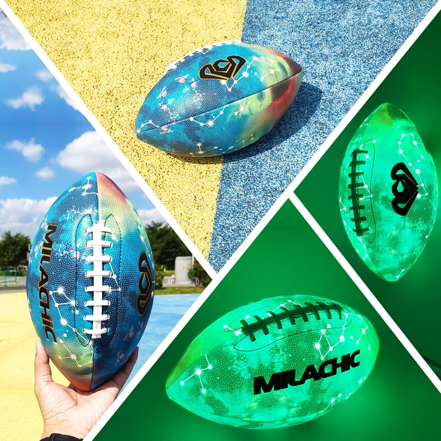 Football Glow in The Dark Football Size 9 & Youth Size 6, Luminous Glowing Football Super Grip Composite Leather Football Balls with Pump and Ball Carry Bag