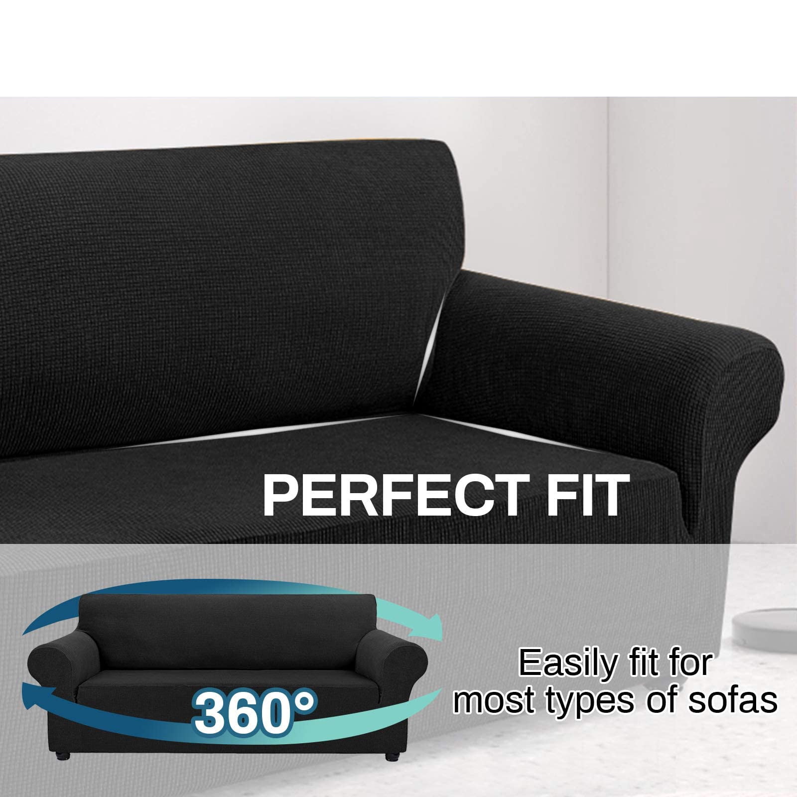 Stretchable Sofa Cover for 3 Seat Couch, Jacquard Fabric Pet Friendly Slipcover, Washable Anti-Wrinkle Protector, Fits 62"-80" Seat Area, Black