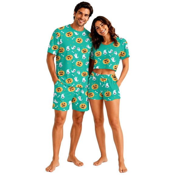 Halloween Family Matching Pajamas Sets, Halloween Cute Ghost Pumpkin Loungewear, Short Sleeve Top & Elastic Waist Shorts, Halloween Casual Couple PJS Festival for Home Relaxation Wear