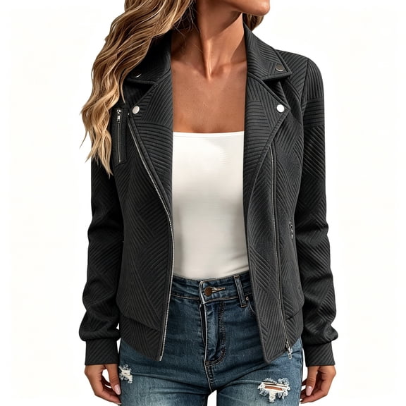 BCSIOAOI Jackets for Women,Solid Jacquard Textured Notched Lapel Moto Jacket with Pockets Black L