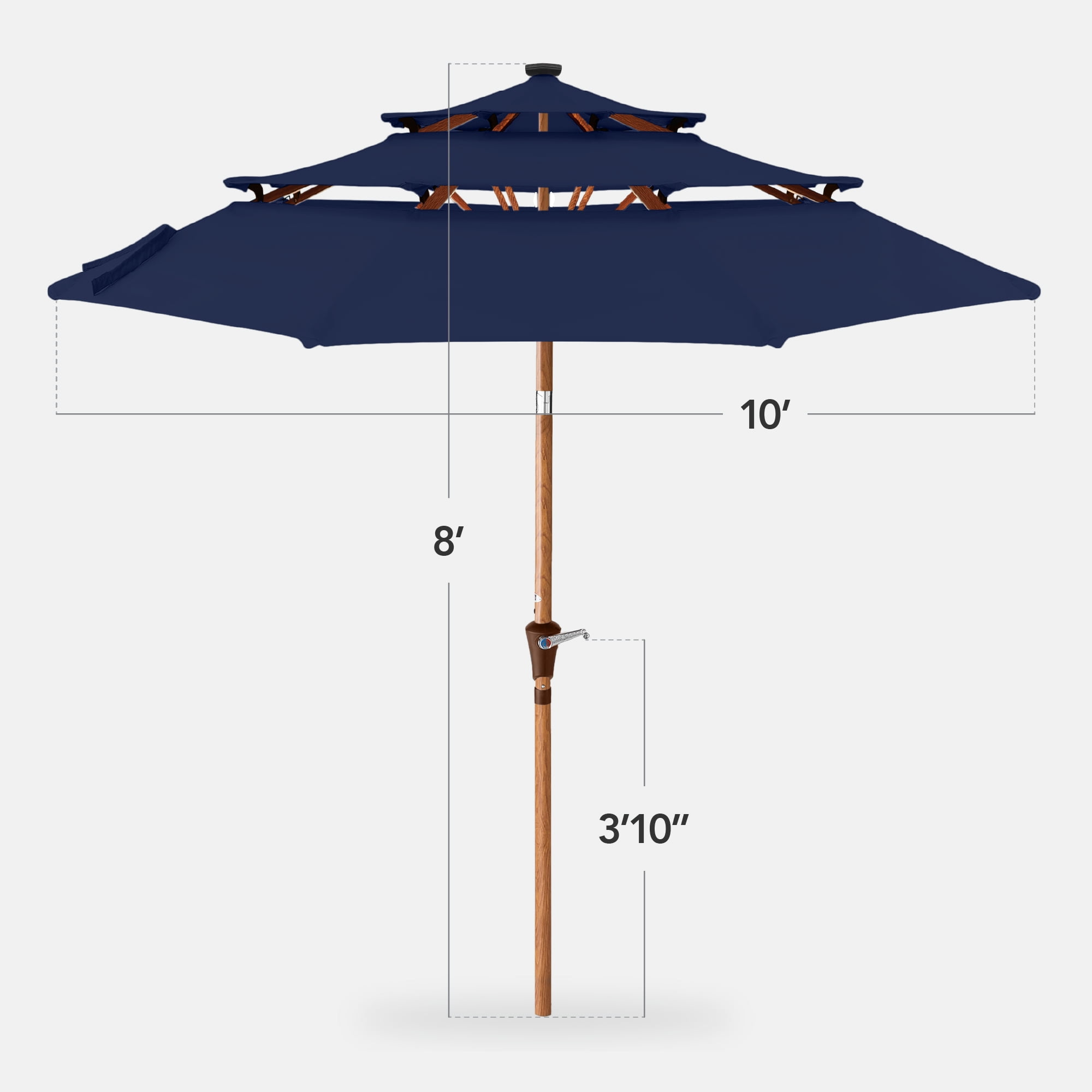 Best Choice Products Woodgrain Pattern 10ft 3-Tier Solar Patio Umbrella w/ 24 LED Lights, Tilt - Navy Blue