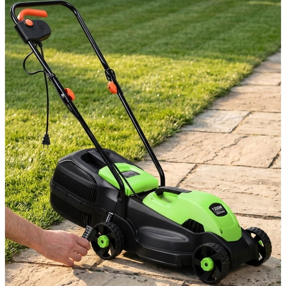 Kadyn 14 Inch 12 Amp Electric Push Corded Lawn Mower with 30L Grass Bag, 3 Adjustable Cutting Heights, Foldable Handle, One-Touch Start, Green