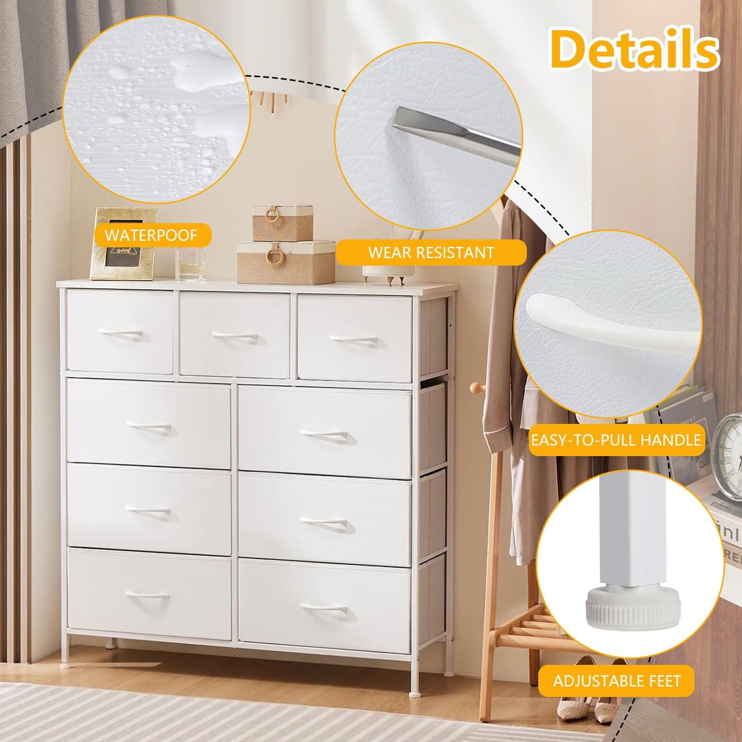 9-Drawer Fabric Dresser with Wood Top - Compact Storage Organizer for Bedroom, Closet, White