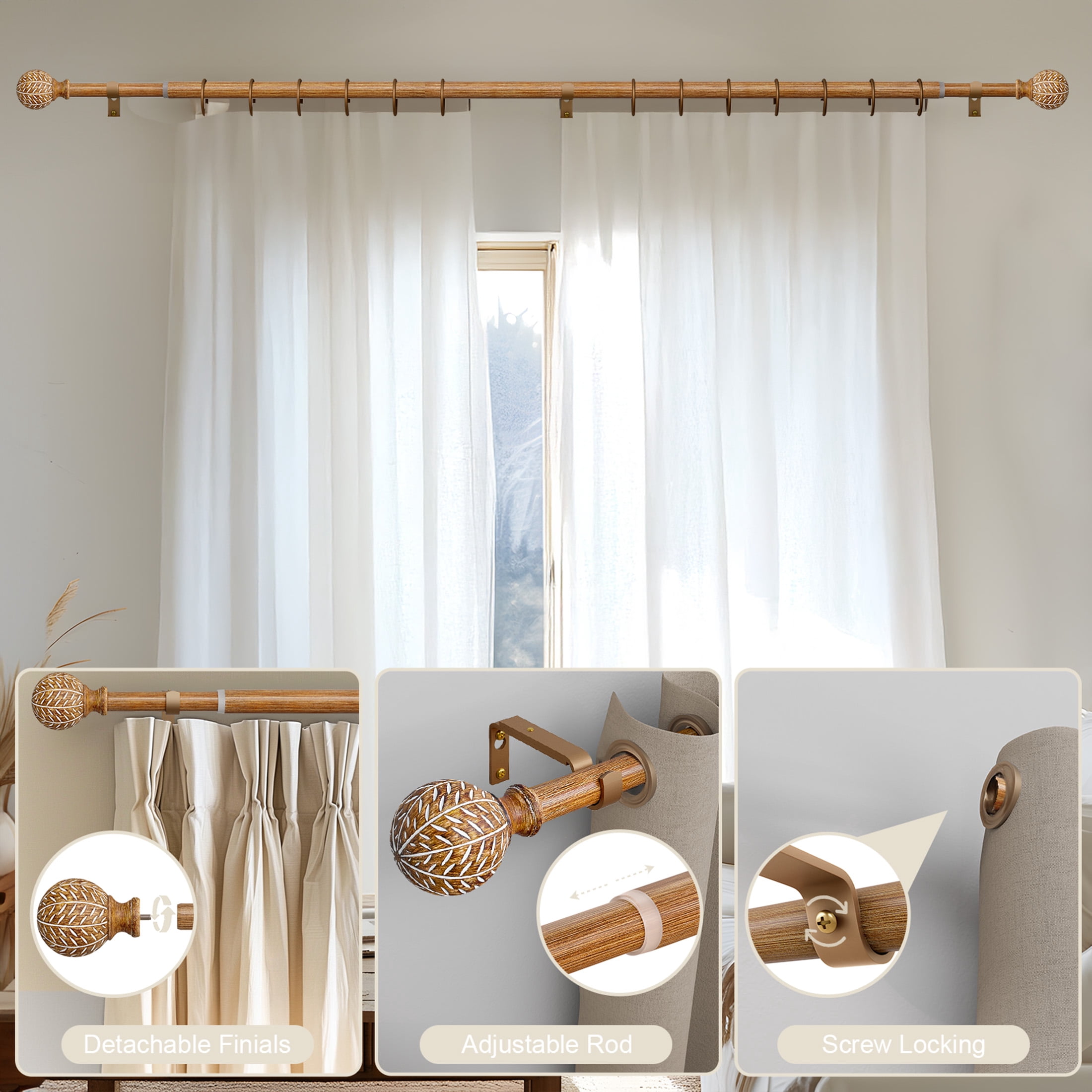 Yokila Farmhouse Brown Curtain Rods for Windows 18 to 60 Inches Adjustable Length Heavy Duty 1" Diameter Single Window Curtain Rod with Decorative Finials for Bedroom Living Room Kitchen Outdoor