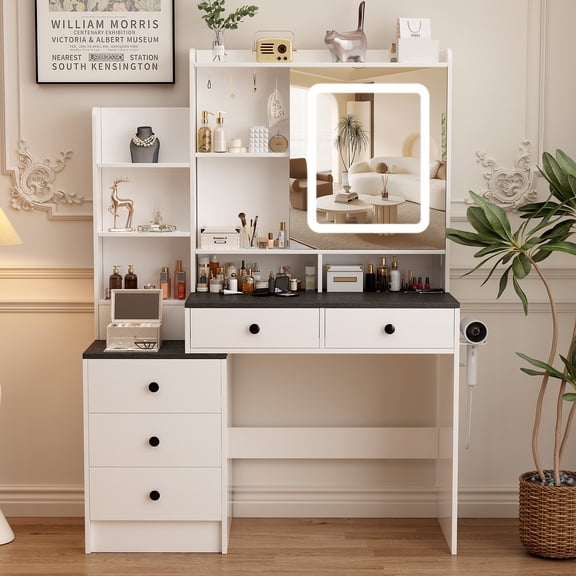 Esmlada Vanity with Lighted Mirror, Makeup Vanity Desk with Power Outlet, Vanity Table with 6 Drawers, Multi-Layer Storage Rack and Necklace Hook, 3 Color Light Adjustable