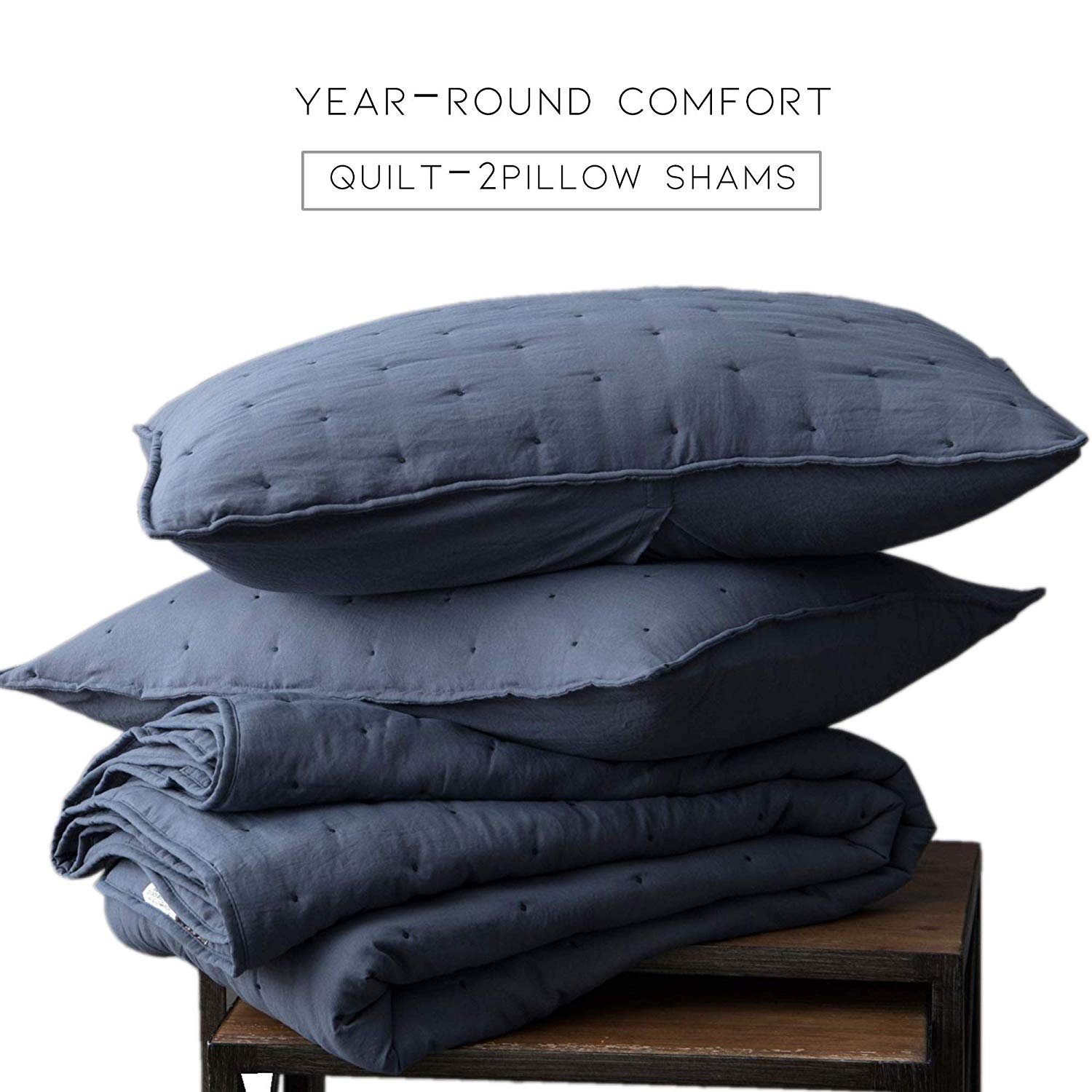 Kasentex  3-Piece Quilt Set Ultra Soft Microfiber Stone-Washed Lightweight All Season Blue Queen
