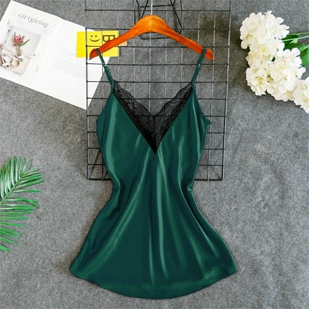 

WANYNG pajamas for women Lace Satin Silk Sleepwear V-Neck Lingerie Pajamas Nightdress Underwear womens fall fashion 2022 Green L