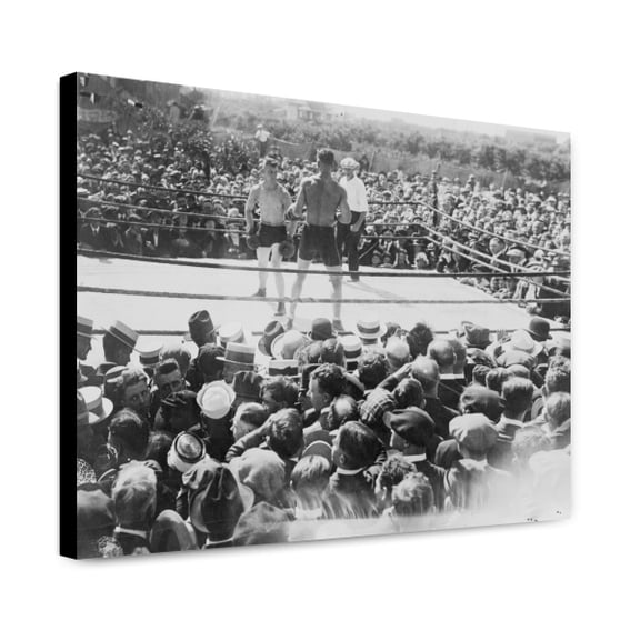 Canvas Print: Two Boxers And Referee In Outdoor Boxing Ring, Surrounded By