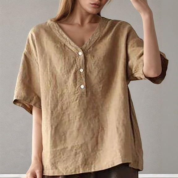 Summer Loose Fitting Short Sleeve V-Neck Women T Shirt Casual SolidKhakiL