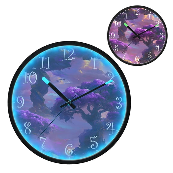 Voice Activated Clock with Glow Light 12 Inch Large Silent Wall Clock Battery Operated for Home Decor Giant Purple Tree