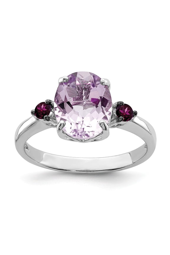 White Sterling Silver Ring Band Gemstone Rose de France, Amethyst Oval Purple Rhodolite Garnet Round