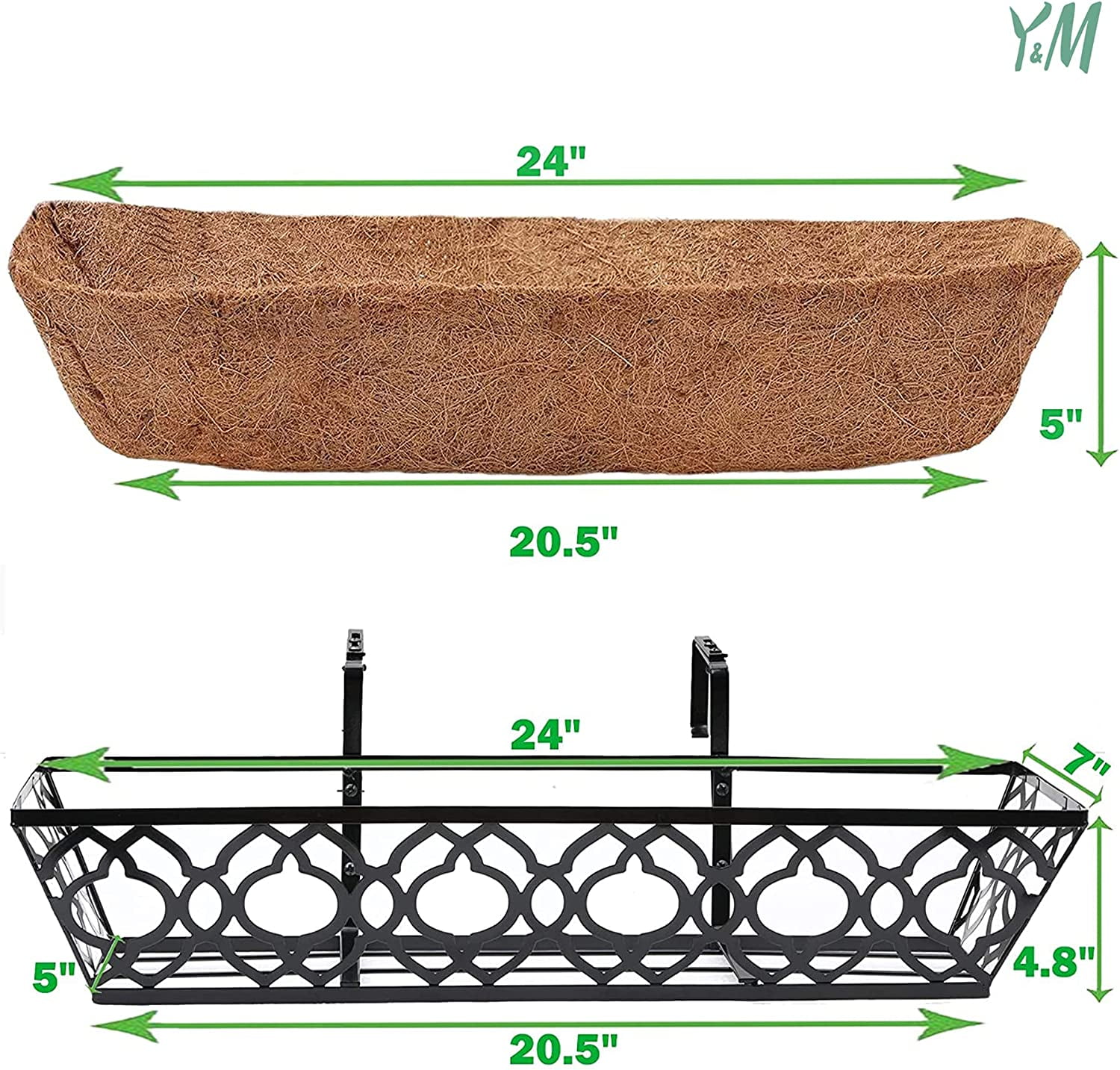 Y&M 2 pack 24 in Metal Rail Planters with Coco Coir Liners, Horse Trough Style for Deck Railing, Black