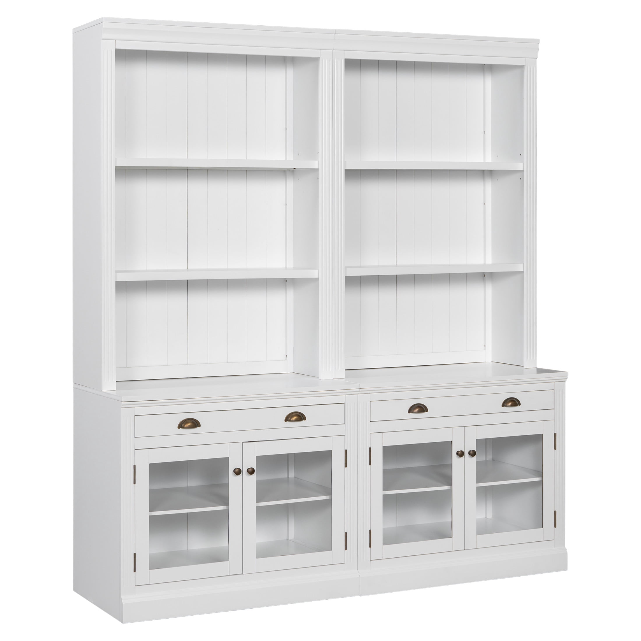 GDF Studio Caldon 83.4" Bookshelf with LED Lighting, Drawers & Glass Doors, Modern Bookcase for Home Office, White, Set of 2