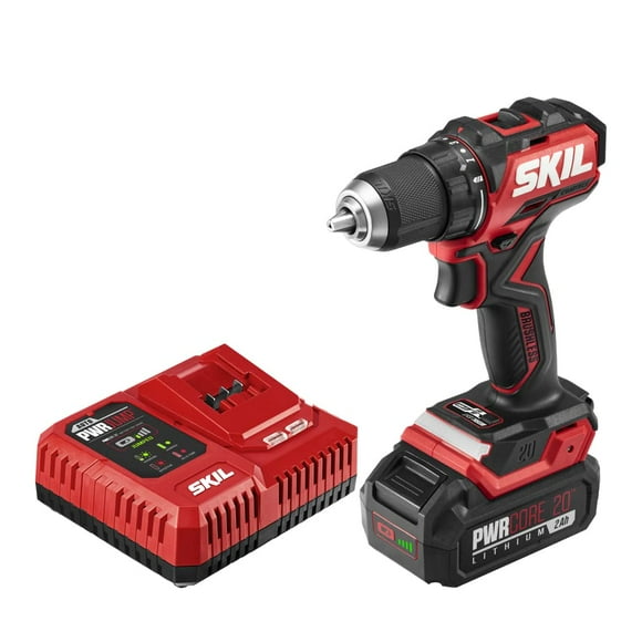 Skil PWR CORE 20 Sans Balais 20V 1/2 Pouces Kit de Perceuse Compact à Vitesse Variable avec Manche Unique de 1/2 Pieds', Mandrin à Cliquet Sans Clé et Lumière de Travail LED Incluant Batterie 2.0Ah