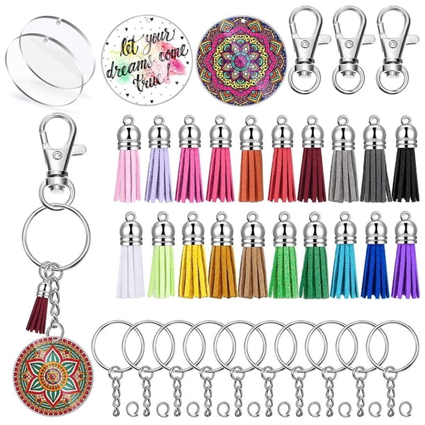 Kit de llaveros en blanco transparentes de 100 piezas Llavero en blanco de sublimación que incluye anillos de llavero en blanco de acrílico Anillos pequeños Cierre de langosta y borla
