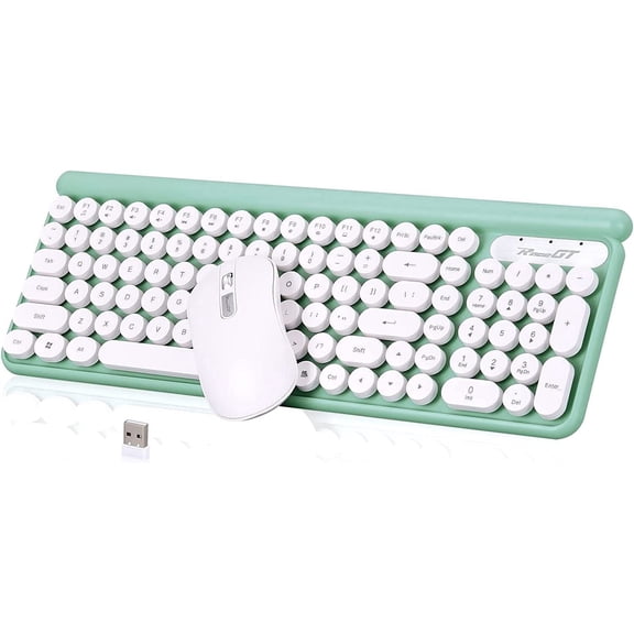 Wireless Keyboard and Mouse Combo, RaceGT Full-Size Typewriter Keyboard, 2.4G Silent USB Mouse, Quiet Cordless Cute Retro Round Keycaps Keyboard Mouse Set, for Mac Windows PC Laptop, LT400-Green