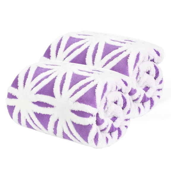 Purple White Embossed Floral Throw Blanket, Reversible Sherpa Fleece Blanket, Soft Cozy Warm Decorative Couch Bed Blanket for All Season