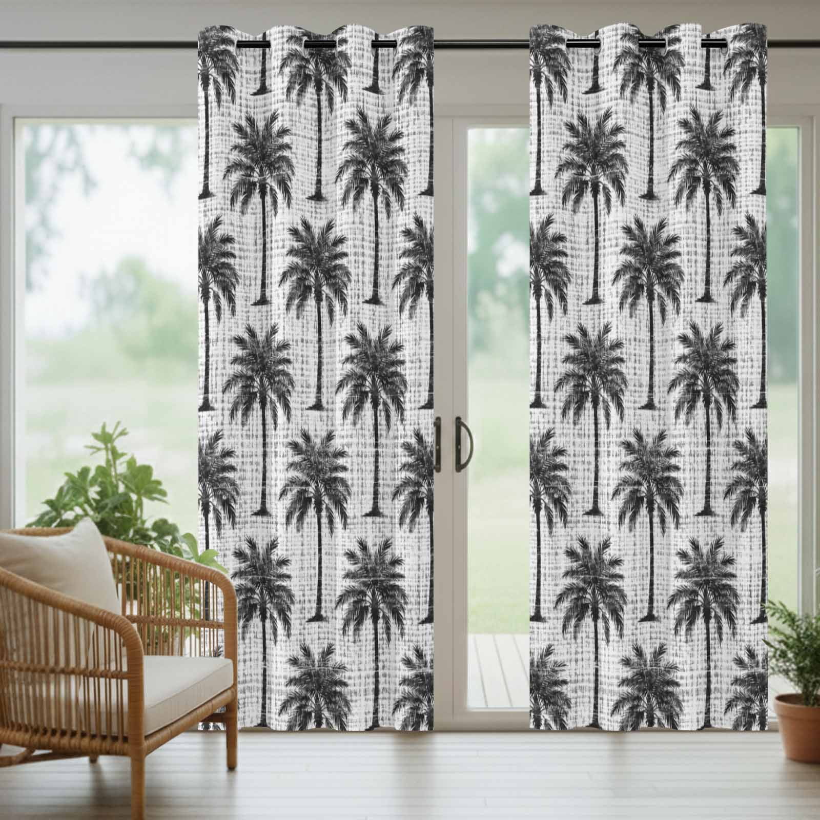 Dark Gray Palm Tree Outdoor Curtains for Patio, Country Linen Texture Tropical Plant Coastal Sunshade Privacy Drapes Grommet Waterproof Outside Curtains for Porch/Cabana/Balcony 54"x 108", 1 Panel