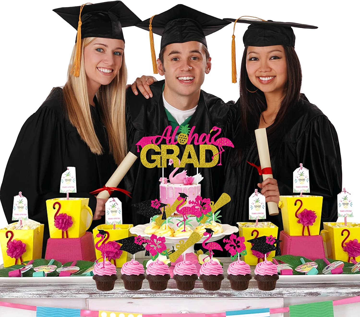 25Pcs Glitter Graduation Cake&Cupcake Toppers, Aloha Grad Cake Decoration Diploma Graduation Cap Design Tropical Themed Graduation Party Supplies College High School Class of 2023