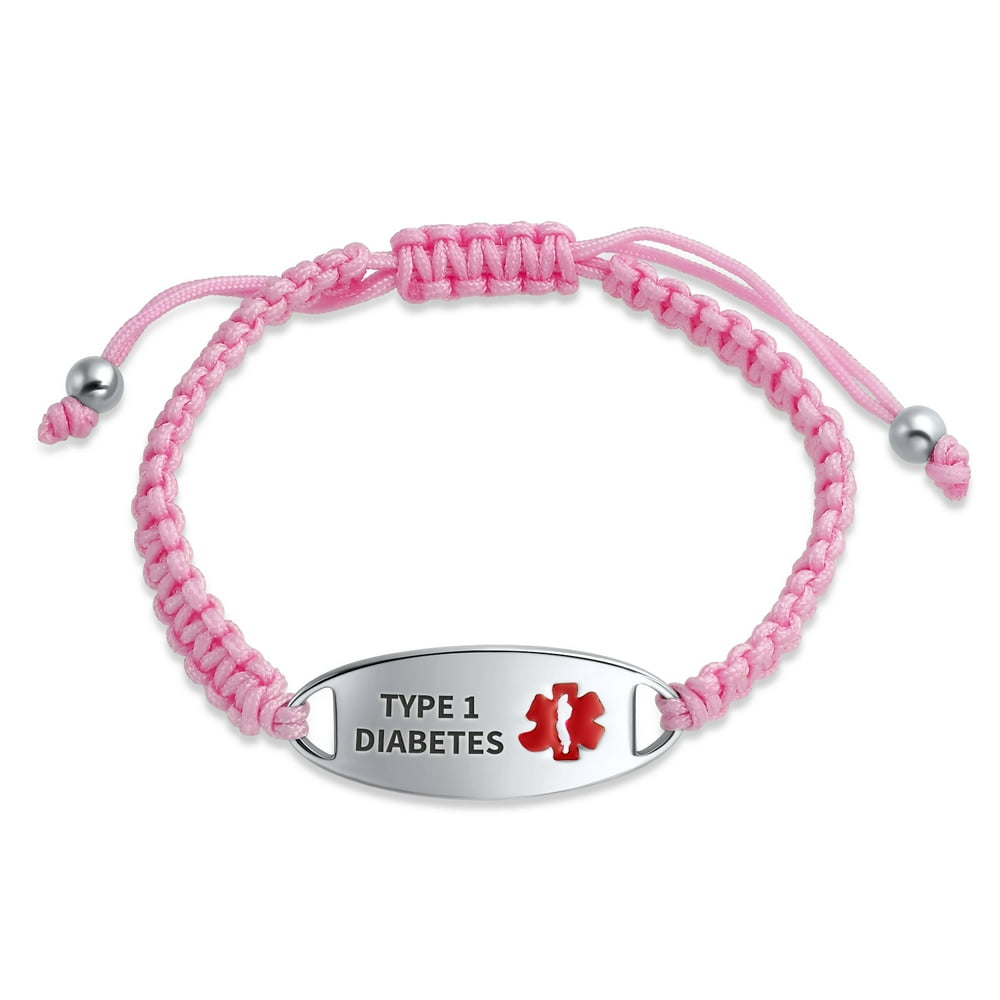 Type 1 Diabetes Identification Medical Alert ID Bracelet Pink Braided