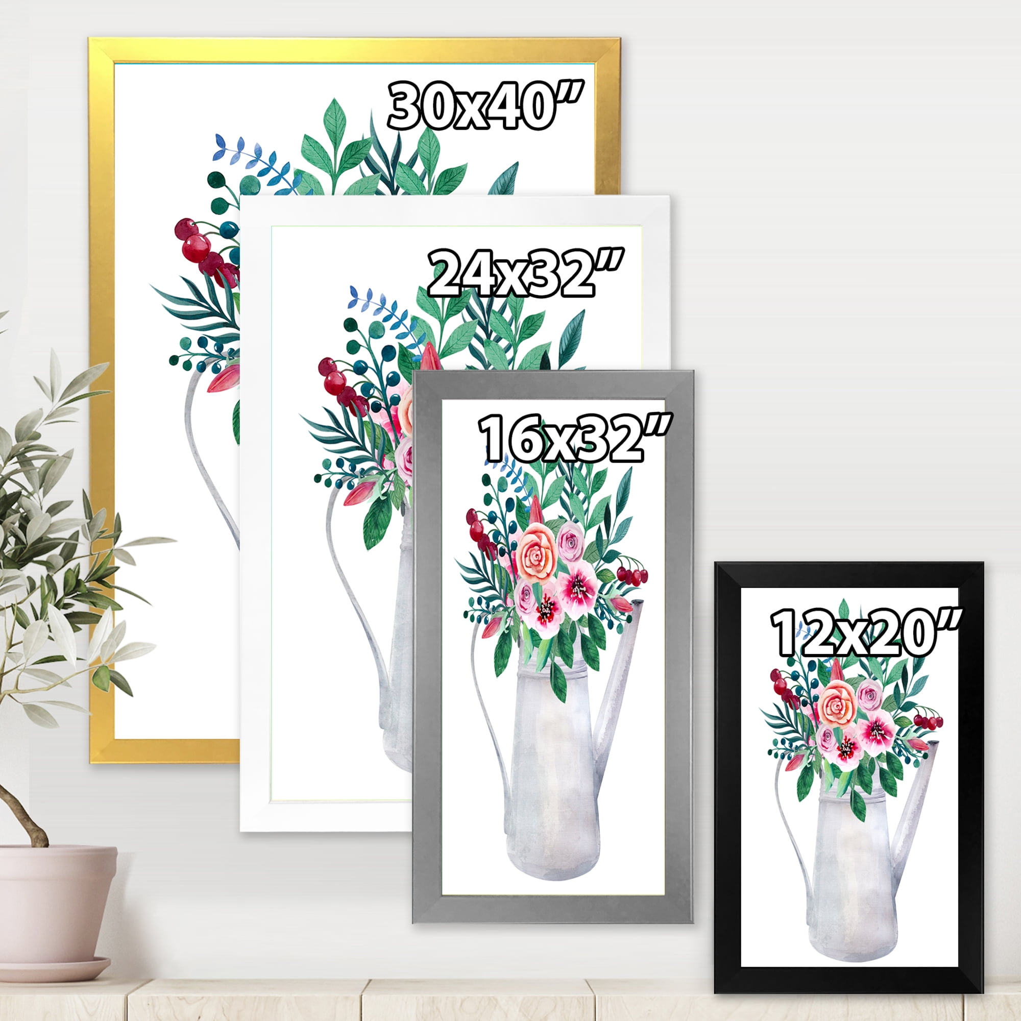 Bouquets of Flowers In Rustic Flowering Pot With Berries 30 in x 40 in Framed Painting Canvas Art Print, by Designart