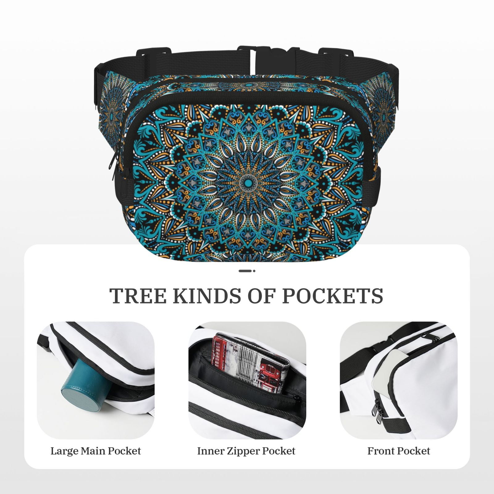 Picia Mandala Print Square Double-Layer Waist Bag Mini Adjustable Waist Belt Bag Exercise Running Travel Hiking