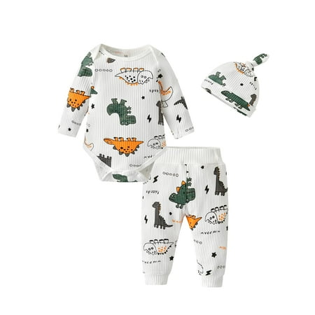 

Siracend Newborn Infant Baby Boy Clothes Outfits Dinosaur Pattern Long Sleeve Romper + Pants + Hat Clothing 3 PCS (0-3 months) White