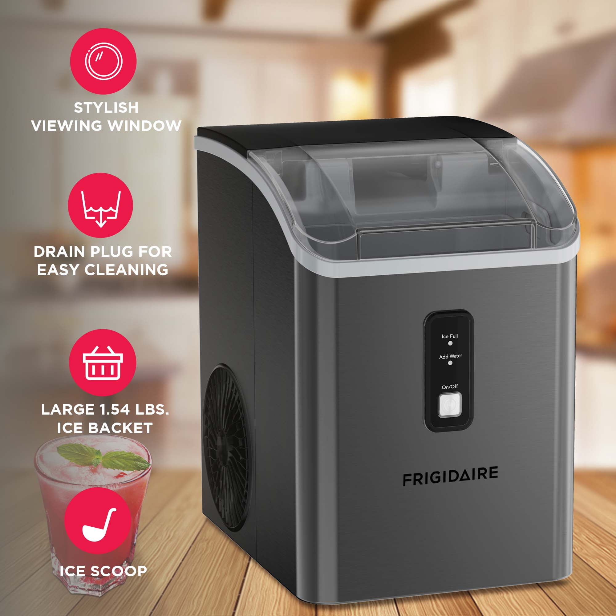 Frigidaire Nugget Ice Maker 33 Lbs, Black Stainless Steel Countertop Soft Pellet Ice Maker for Home, Kitchen, Office, Bar