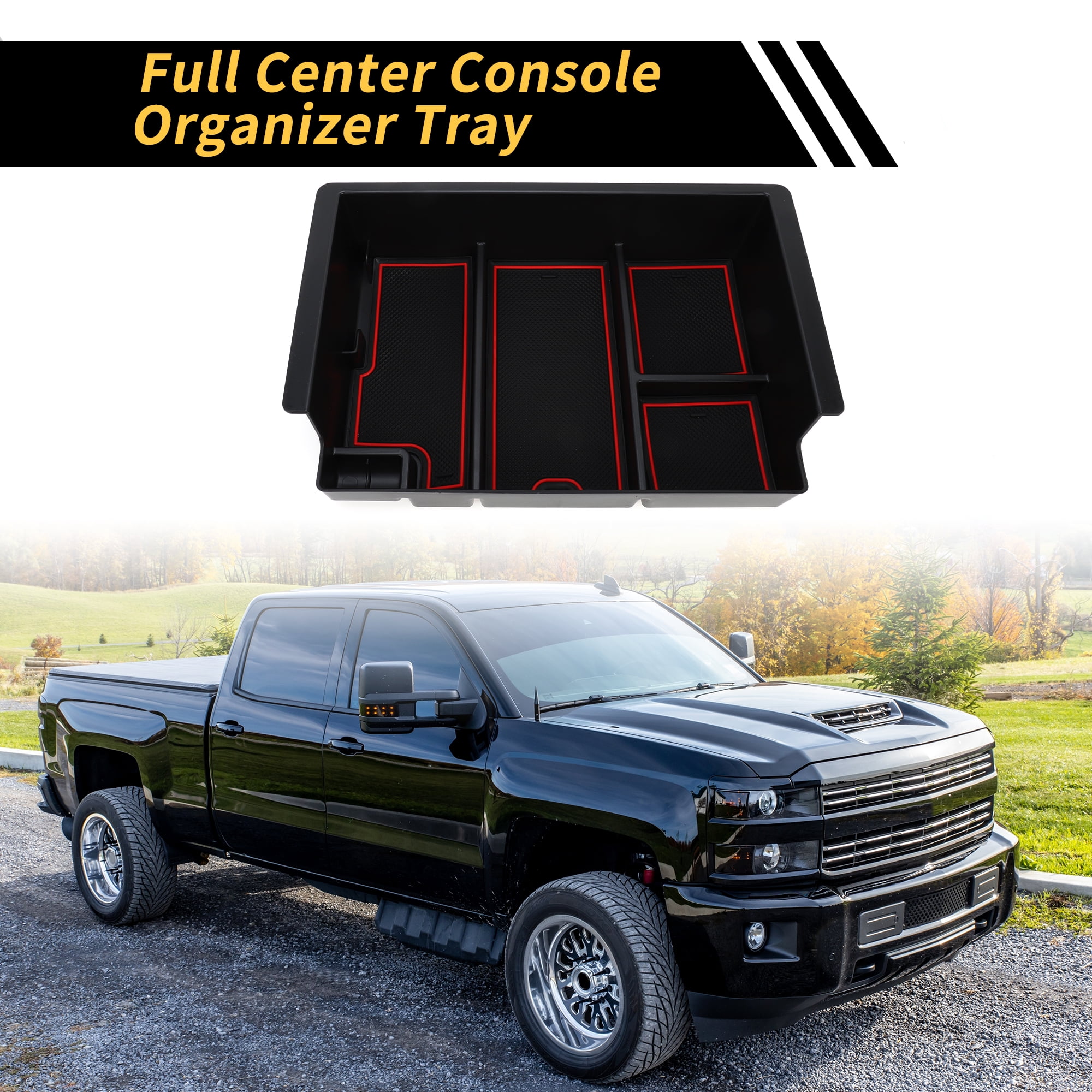 Unique Bargains Full Center Console Organizer Tray for Chevy Silverado for GMC Sierra 2500 3500 HD Yukon 15-19 Armrest Storage Box Insert Tray Full Console w/Bucket Seats ONLY Plastic Black Red
