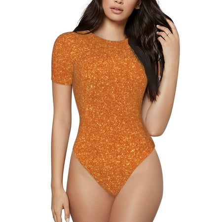Gaeub Orange Glitter Women S Short Sleeve One Piece Swimsuit Sexy High-Waisted Bodysuit For Swimming  Beach  Sports - Small