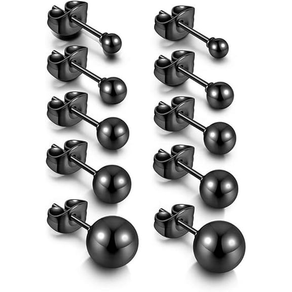 Cterwk 5 Pair 14K Plated Ball Stud Earrings Stainless Steel Earrings Set for Women, Men, 3-7MM, Black