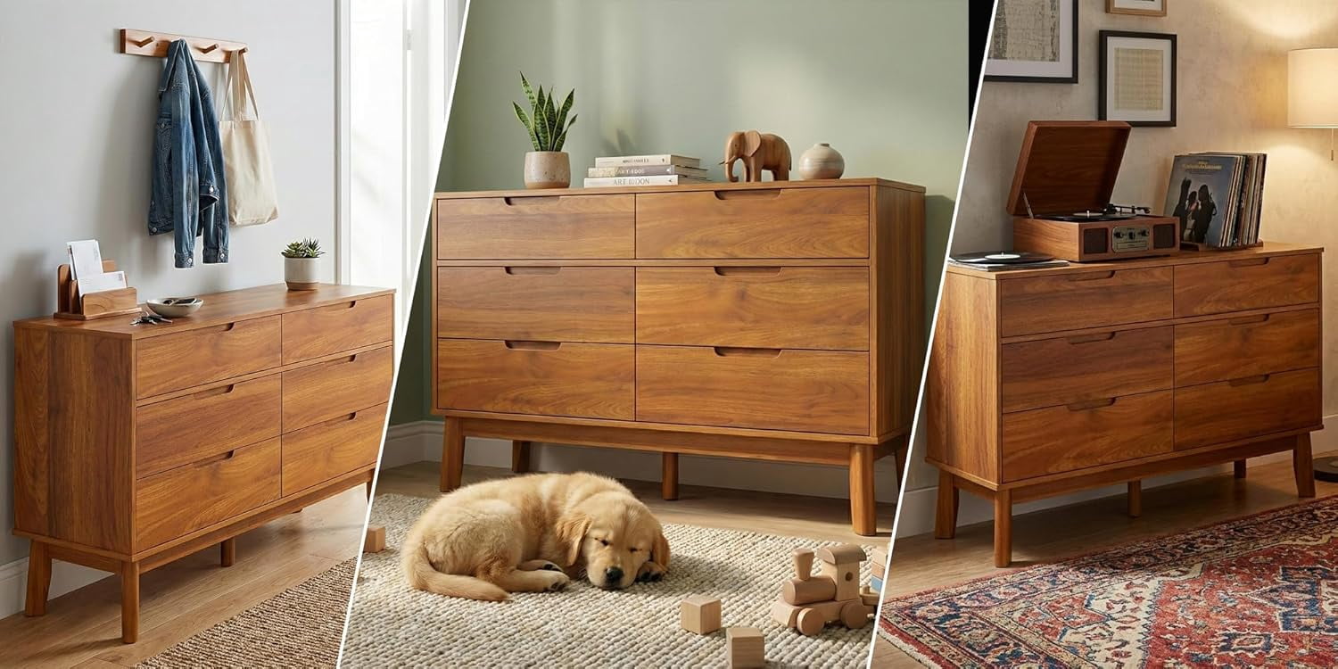 VITALOOM 47" Wide Wooden Dresser for Bedroom, Mid-Century Modern 6 Drawer Double Dresser with Walnut Wood Grain, Large Horizontal Storage Chest for Living Room, Anti-Tip Kit, Caramel