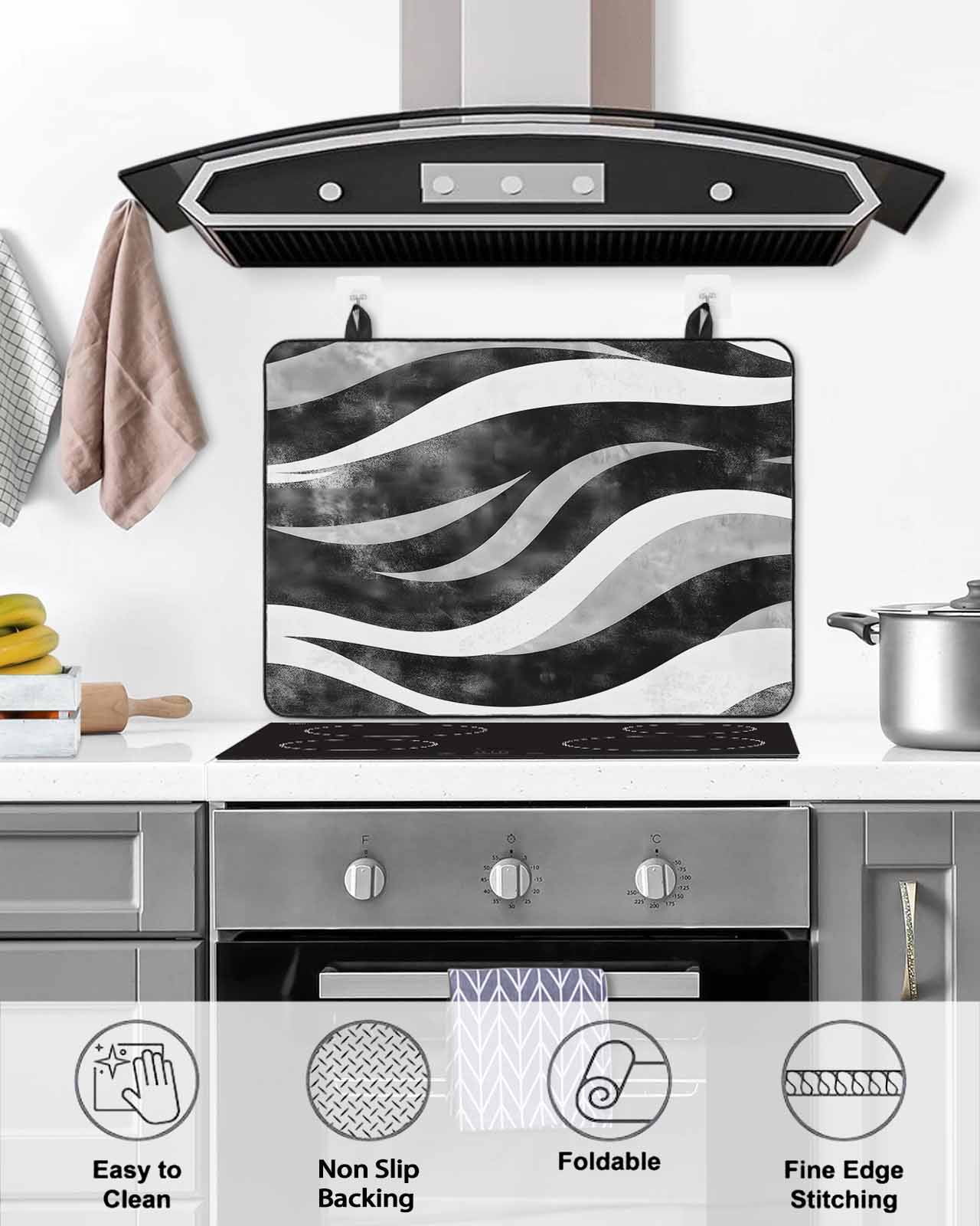 nqOlkjepod Large Induction Cooktop Protector Mat 24"x21", Black Waves Stove Top Covers for Electric Stove, Ombre Sea Ripples Shabby Beach Decorative Stove Burner Cover Mats, Glass Top Stove Cover