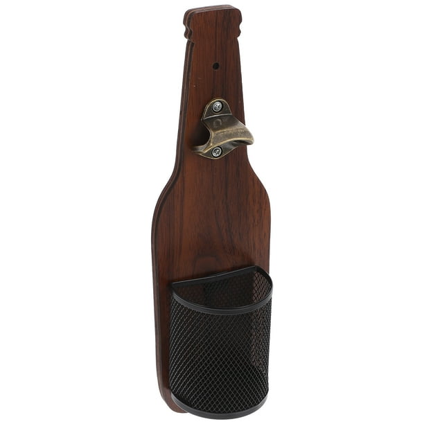 Abrebotellas de madera con recolector de tapas, abridor de botellas de cerveza montado en la pared de madera Vintage