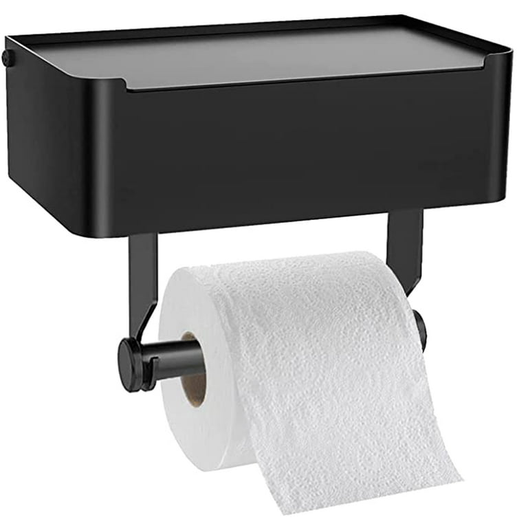 LAYUKI Large Toilet Paper Holder with Shelf, Wipes Dispenser and Storage, Stainless Steel, Wall Mounted, Matt Black, Upgraded