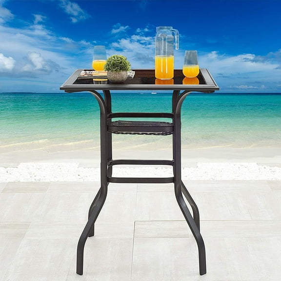 Festival  3ft Bar Height Patio Bistro Table Tempered Glass Top Metal Table w/Storage Support Shelf Steel Outdoor Furniture (27.6"x 27.6"x 36.2"H)