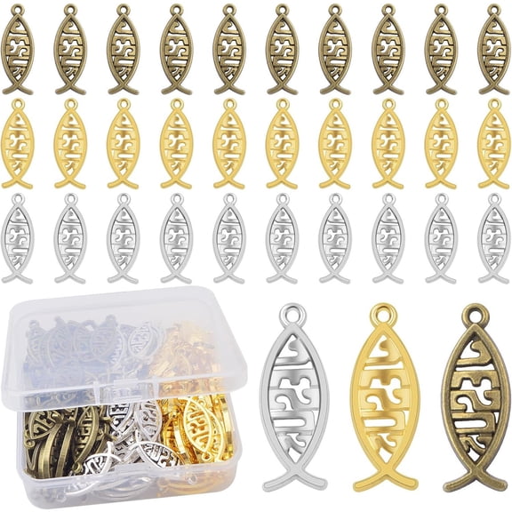 120pcs Vintage Hollow Jesus Fish Charms Tibetan Alloy Christian Fish Jesus Pendant Charms with A Plastic Box for DIY Bracelet Necklace Keychains Jewelry Making, 3 Colors