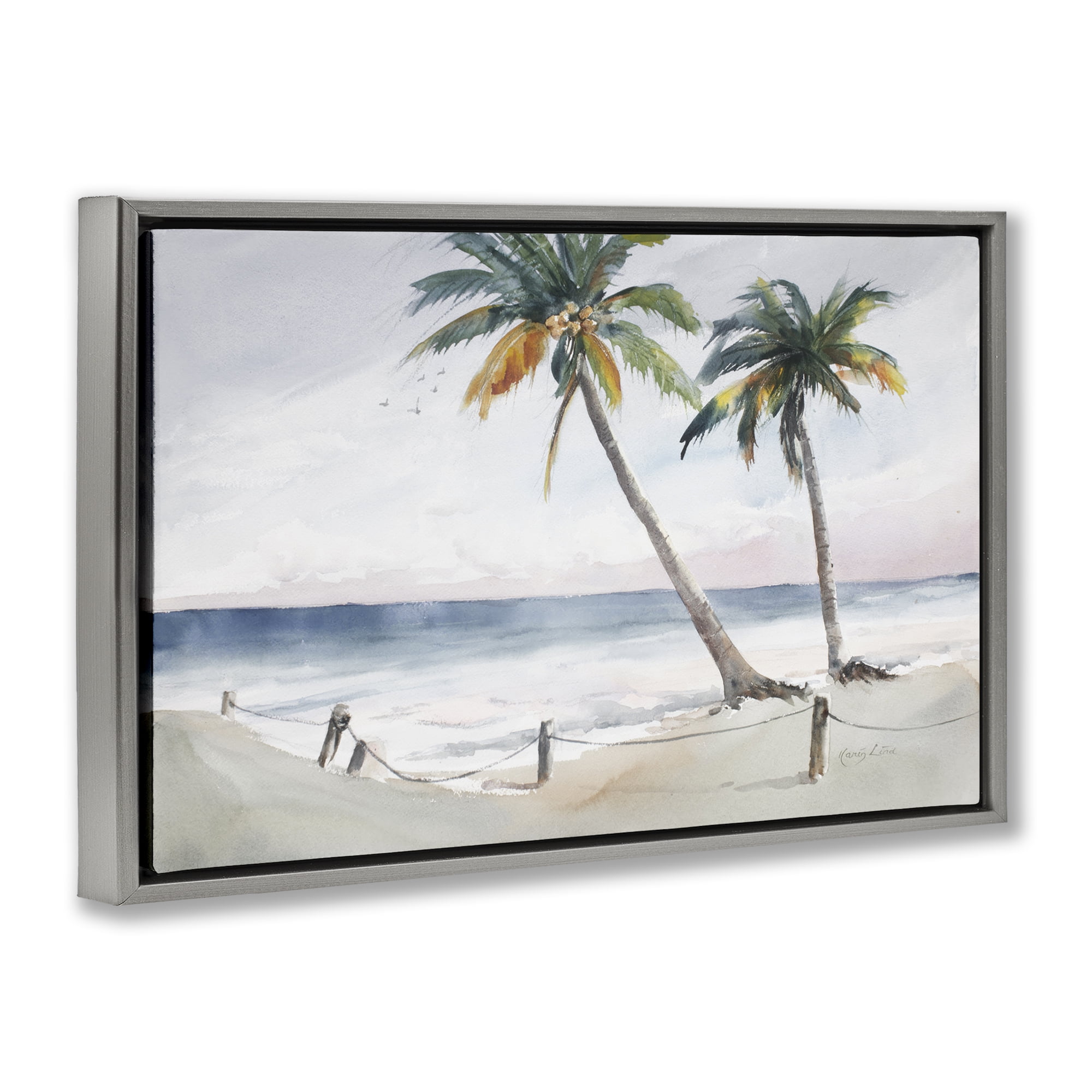 Stupell Industries Two Palms Serene Coast Nautical & Beach Painting Gray Floater Framed Canvas Art Print Wall Art, 31 x 21
