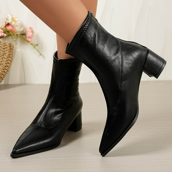 Wowcloth Women's Fashion Ankle Boots – Rear Zipper Pointed-Toe with Chunky Heel & Mid-Calf Design for Casual Everyday Wear